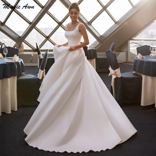 Magic Awn Elegant Satin Wedding Dresses 2021 Boho Simple Backless A-Line Country Wedding Party Gowns Cheap Robes De Mariage