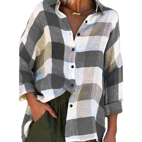 Women Plaid Shirt Tops Turn Down Collar Check Buttons Vintage Tee Shirt Top Long Sleeve Loose Blouse T-shirt Women 2021