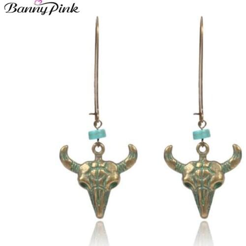 Banny Pink Vintage Alloy OX Pendant Dangle Earrings For Women Ethnic Metal Drop Earrings Fashion Jewelry Pendientes Bijoux Femme