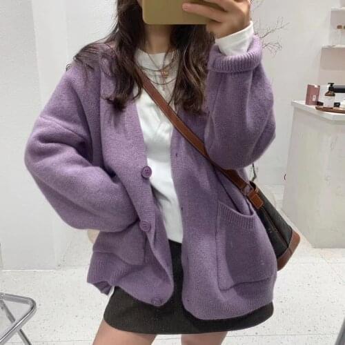 Korean Fashion Thick Sweater Cardigans Women Autumn Casual Pocket Button Loose Oversize Sweaters Coat Soft Knitted Jacket Female