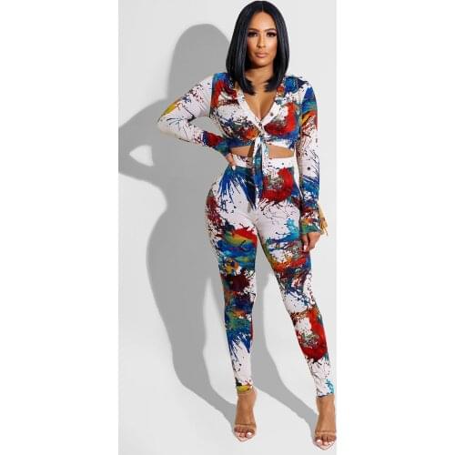 2021 New Arrival Fashion Design 2 pcs Women Set Print V-neck Long Sleeve Short Tops Long Pants Autumn Sexy Outfits
