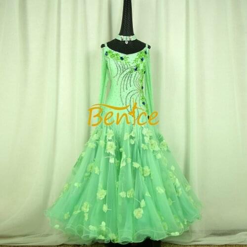 Ballroom Competition Dress Tight Long Swing Rhinest Flowers Modern Standard Tango Waltz Latin Dancing Dress Dance Wear For Women