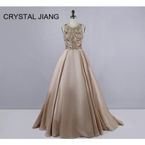 New Fashion 2020 Jewel Collar Delicate Beaded Formal Dress Champagne A Line Evening Dresses Long for Party Robe De Soiree