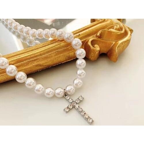 X7JB Imitation Pearls Chain Vintage Artificial Diamond Cross Pendant Necklace Jewelry