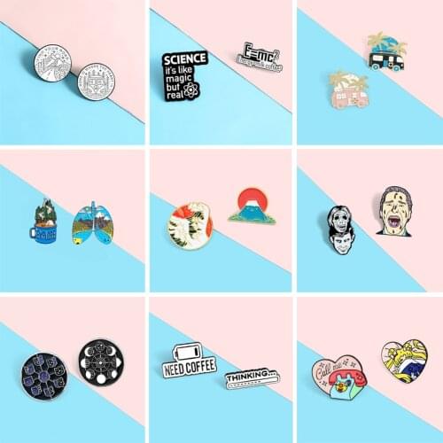 2/Set Round Mountain Peak Wave Sun Enamel Brooch Love Forest Letter Battery Skeleton Alloy Badge Pin Jewelry Gift For Friends