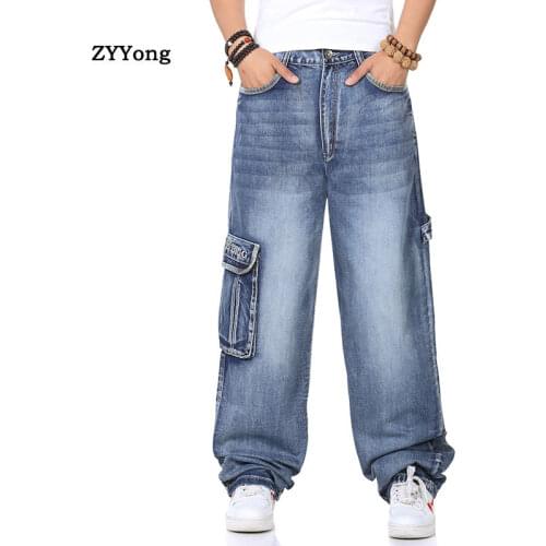 2021 Jeans Men Hip Hop Baggy Wide Leg Skateboard Pants Plus Size 46 Fashion Spring Autumn Loose Fit Blue Large Size Trousers