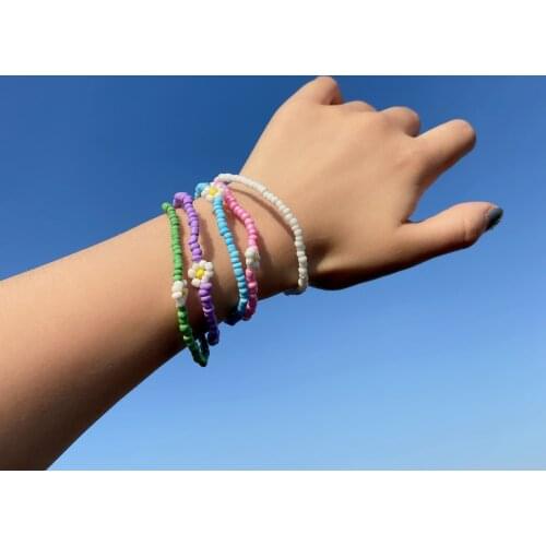 5 Pcs/set Bohemia Rainbow Beaded Flower Bracelets Bangles for Women Multicolor Seed Beads Elastic Rope Charm Bracelet Jewelry