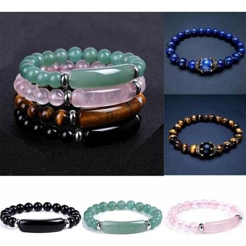 8mm Natural Stone Bracelet Reiki Healing Pink Quartz Aventurine Tiger Eye Crystal Gemstone Crown Charm Meditation Bracelets