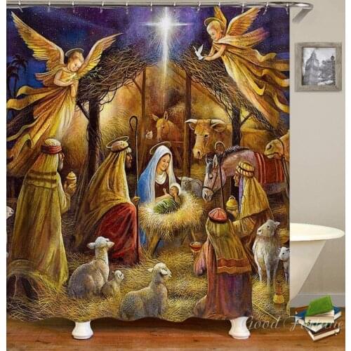 The Birth Of Jesus Retro Beige Polyester Waterproof Cloth Print Decorative Bathroom Curtains