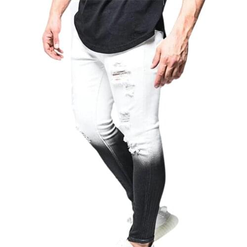 Men Ripped Hole Gradient Color Trousers Zipper Cuff Multi Pockets Skinny Running Jeans Summer Streetwear