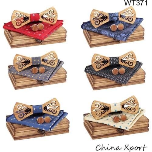 Classic European style real handmade wooden men bow tie with wood case corsage kerchief cufflink high quality 2020 first choice