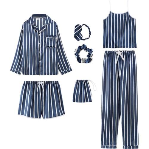 2020 New blue Womens 7 Pieces Pajamas Sets Faux Silk Striped Pyjama Women Sleepwear Sets Spring Summer Autumn Homewear