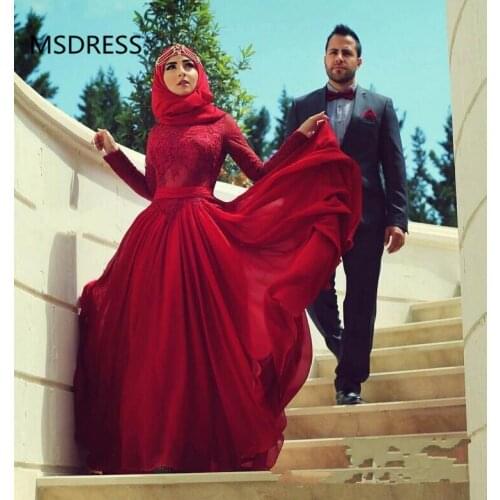 Red Muslim Evening Dresses 2019 A-line Long Sleeves Chiffon Lace Formal Islamic Dubai Saudi Arabic Hijab Long Prom Evening Gown