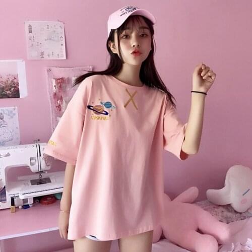 Summer planet cute cartoon loose bf wind embroidery Harajuku Japanese large size M-2XL short sleeve casual T-shirt Cotton tops