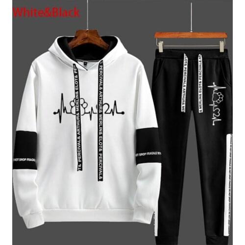Mens Brand Spring Suit Hoodie + Pants 2 Pieces Men Fashion Hooded Sweatshirt Sportswear Solid Color Printing Personality Hooded