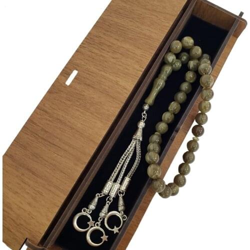 Wood Boxed Green Rosary Amber Powder