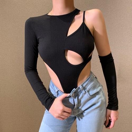 Casual Fitness Rompers Women Black One Shoulder Basic Bodysuit Rib Knit Elegant High Cut Long Sleeve Skinny Body Suits Tops