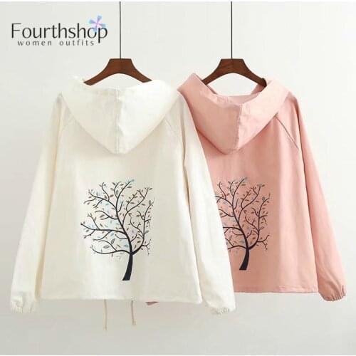 Casual Hooded Jackets and Coats Women Embroidery Hoodies Harajuku Mori Girl Cute Outwear Japan Style Windbreaker Female 2019