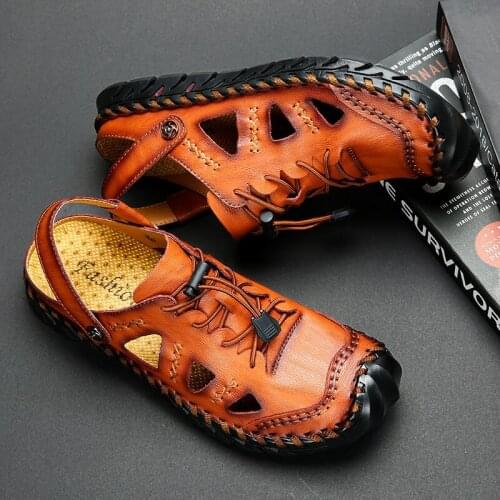 Sandals Fashion Mens Casual Shoes Non-slip Beach Mens Shoes Leather Sandals Hollow Out Breathable Super Large Size 38-48 Men