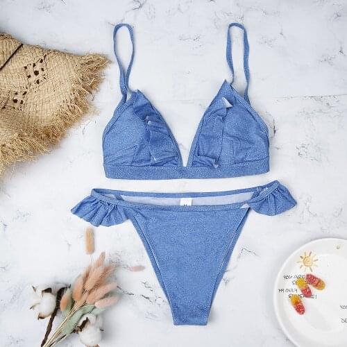 Sexy Ruffled Backless Swimwear Pure Color V Neck Bikini Set Bathing Suit Summer Beachwear