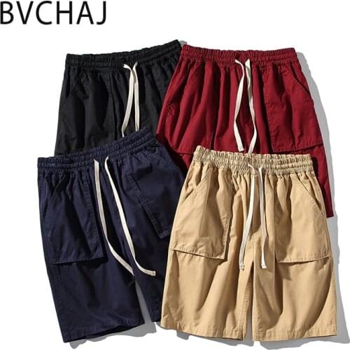 Summer Mens Pocket Cargo Shorts 100% Cotton Solid Color Drawstring Stretch Waist And Knee Length Mens Clothing Casual Shorts