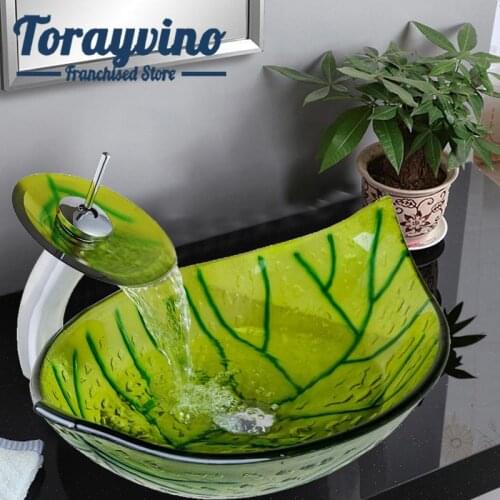 Bathroom Washbasin Tempered Glass Basin Leaf Shape Sink Green Painting Faucet Set Brass Waterfall Tap Washroom Vessel Vanity Set