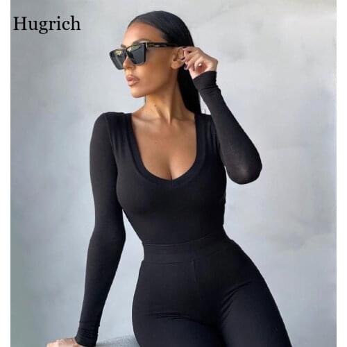 Sexy Solid Body Suits for Women Fashion V Neck Long Sleeve Bodysuit Black Gray Brown Basic Tops Spring 2021