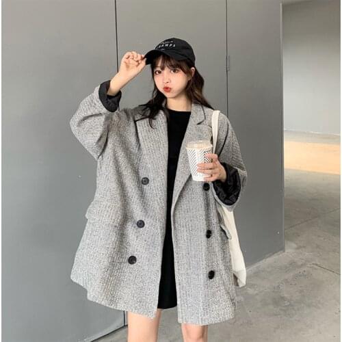 2020 autumn winter women clothing new large size fashion trend female loose casual striped suit single-breasted mid-length coat