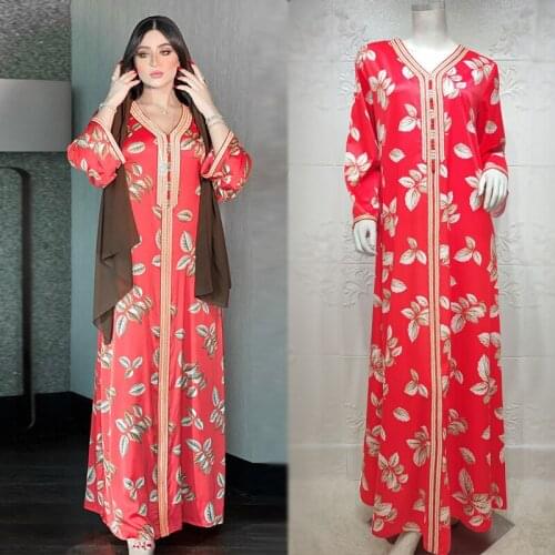 Plus Size Muslim Women Clothing Dubai Moroccan Caftan Arabic Oman Printed Jalabiya Middle East Turkey Hijab Long Dress Red 2021