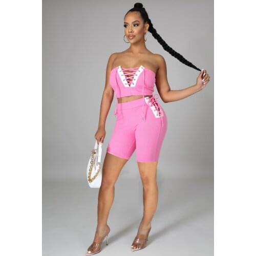 2021 New Arrival Fashion Design 2 pcs Tracksuits Women Set Solid Bandage Slash Neck Short Tops and Shorts Summer Casual Outfits