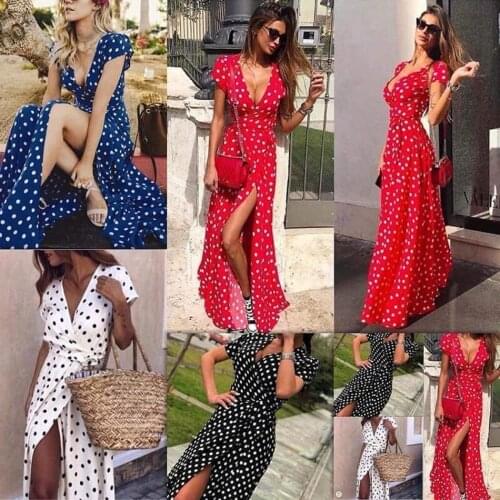 Women Summer Dress 2021 European Hot Summer V-neck Low-Cut Printed Polka Dot Maxi Long Dresses Vestidos Dropshipping YFF6256