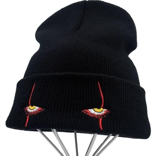 Unisex Winter Soft Outdoor Beanie Solid Color Knitted Hat Pennywise scary eyes Hood Hat for Kids Casual Outside Cold Hats
