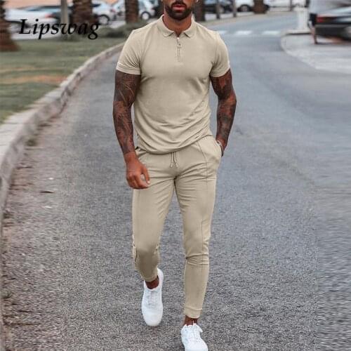 2021 Summer Solid Mens Clothes Fashion 2 Piece Set Men Turn-down Collar Zipper Tops And Drawstring Pants Outfit Casual Suits 3XL