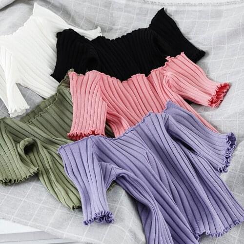 90s 2021 Women Tight Knitting Short Sleeve Off Shoulder Stretchy Ruffles Hem Black Crop Tops T-shirts New Sexy Stripes Top Y2k
