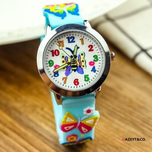 Promotion children girls lovely butterfly dial quartz watch little student 3D silicone strap luminous hands cartoon gift clock