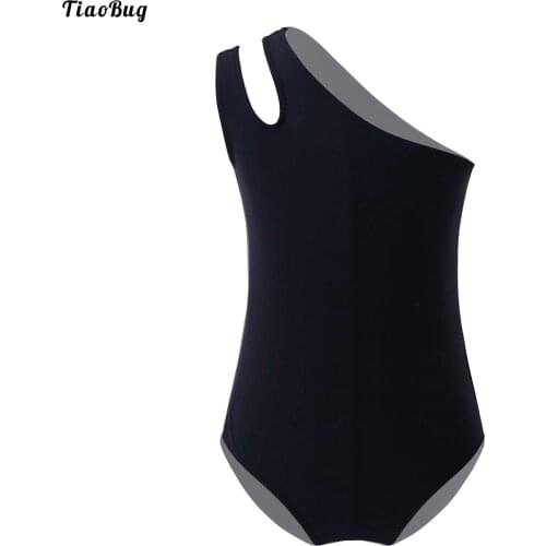 TiaoBug Black Kids Girls One-Piece Swimwear Slant Shoulder Sleeveless Dance Jumpsuit Bodysuit Beach Pool Swimming Bathing Suit