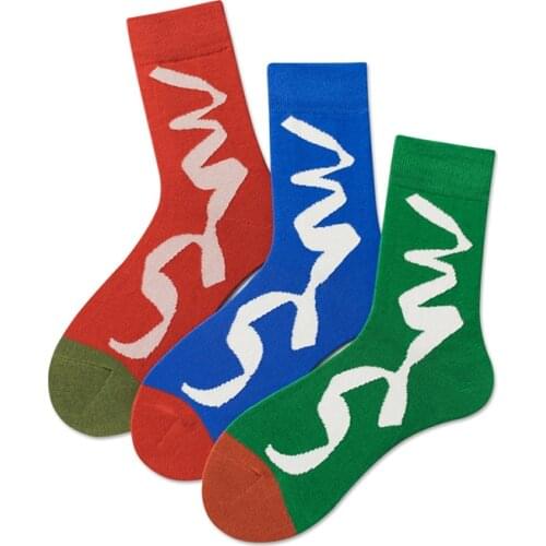 Color Stitching Womens Socks Ribbon Pattern Fashion Cotton Socks Couple Sweat Absorbent Breathable Socks Personality Design