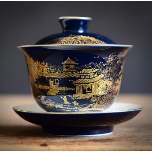 Jingdezhen Hand-painted Gold Enamel Ceramics Tea Tureen Indigo Glaze Sancai Cover Bowl KungFu Gaiwan Tea Cup Bowl Teaware
