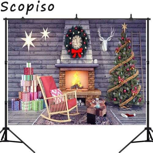Scopiso Christmas Tree Wooden Board Indoor Photography Backdrops Gifts fireplace Newborn Baby Kids Photo Studio booth Background