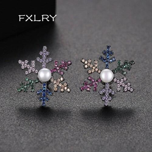 FXLRY New creative Multicolor Micro Pave Cubic Zircon snowflake pearl stud earrings For girl to gift
