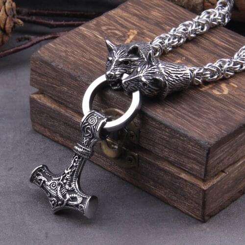 Stainless Steel Wolf Head with Handmade Chain Necklace thors hammer mjolnir viking necklace with wooden box as boyfriend gift