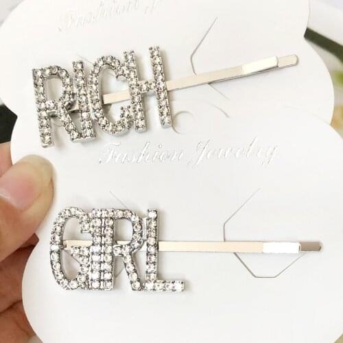 Hot-selling Gold Letter RICH GIRL Hair Pins Crystal Alloy Wedding Hair Accessories Custom Hair Clip with Words
