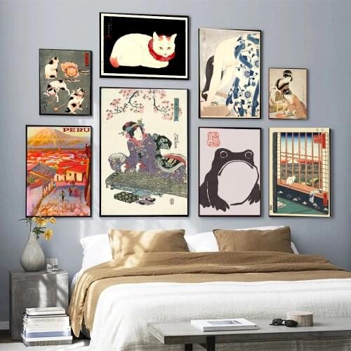 Cat Frog and Japanese Woman Washing Hair Canvas Painting Wall Art Nordic Posters and Prints Wall Pictures for Living Room Decor