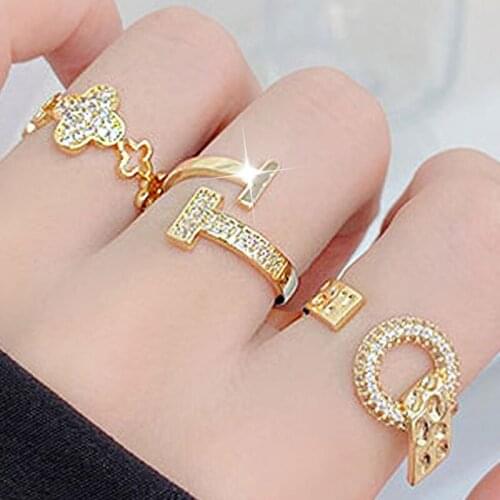 JUWANG Micro Inlaid Zircon Rings Temperament Hollow Out Flower Open Rings Exquisite Round Tie T Shape Adjustable Rings Jewelry