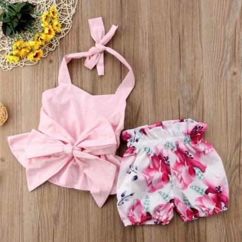 New Fashion Newborn Toddler Baby Girls Clothes Set Bow-knot Backless Tops T-shirt+Floral Shorts Clothes