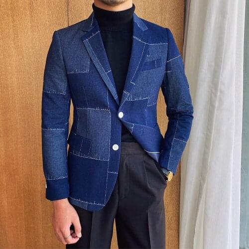 Smoking Blue Denim Blazers Jacket+Black Pants 2 Pieces Set Groomsman Single Breasted Mens Suits England Style Custom Made Coat