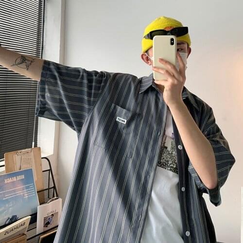 Summer Pinstripe Men Shirts Korean Style Loose Short Sleeve Shirt Male Big Size Harajuku Fashion Couple Blouse