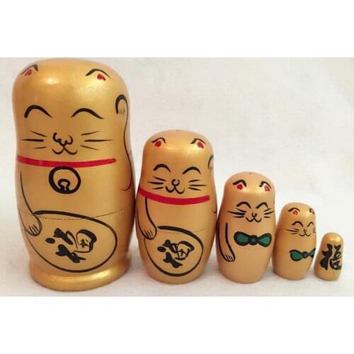 5Pcs/Set Nesting Dolls Hand-painted Home Decoration Wood Lucky Cat Matryoshka Gift for Shop