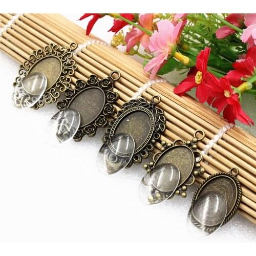 Fit 18*25mm Bronze Mixed Frame bezel Settings Tray blank With Clear Glass Cabochons for DIY Accessory Making 5 sets/lot K06161