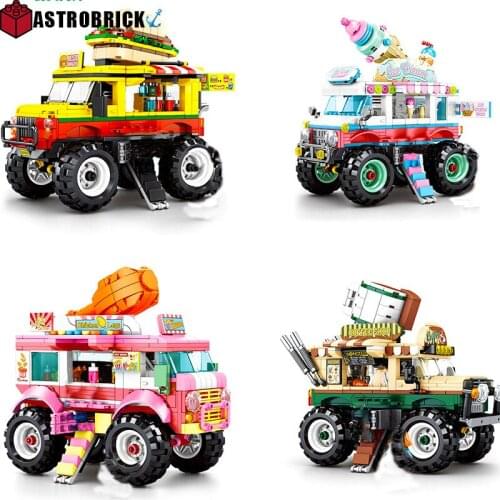 City Street Giant Wheel Mobile Food Shop Car Building Block Burger IceCream Fried Chicken Coffee Van Brick Toy For Children Gift